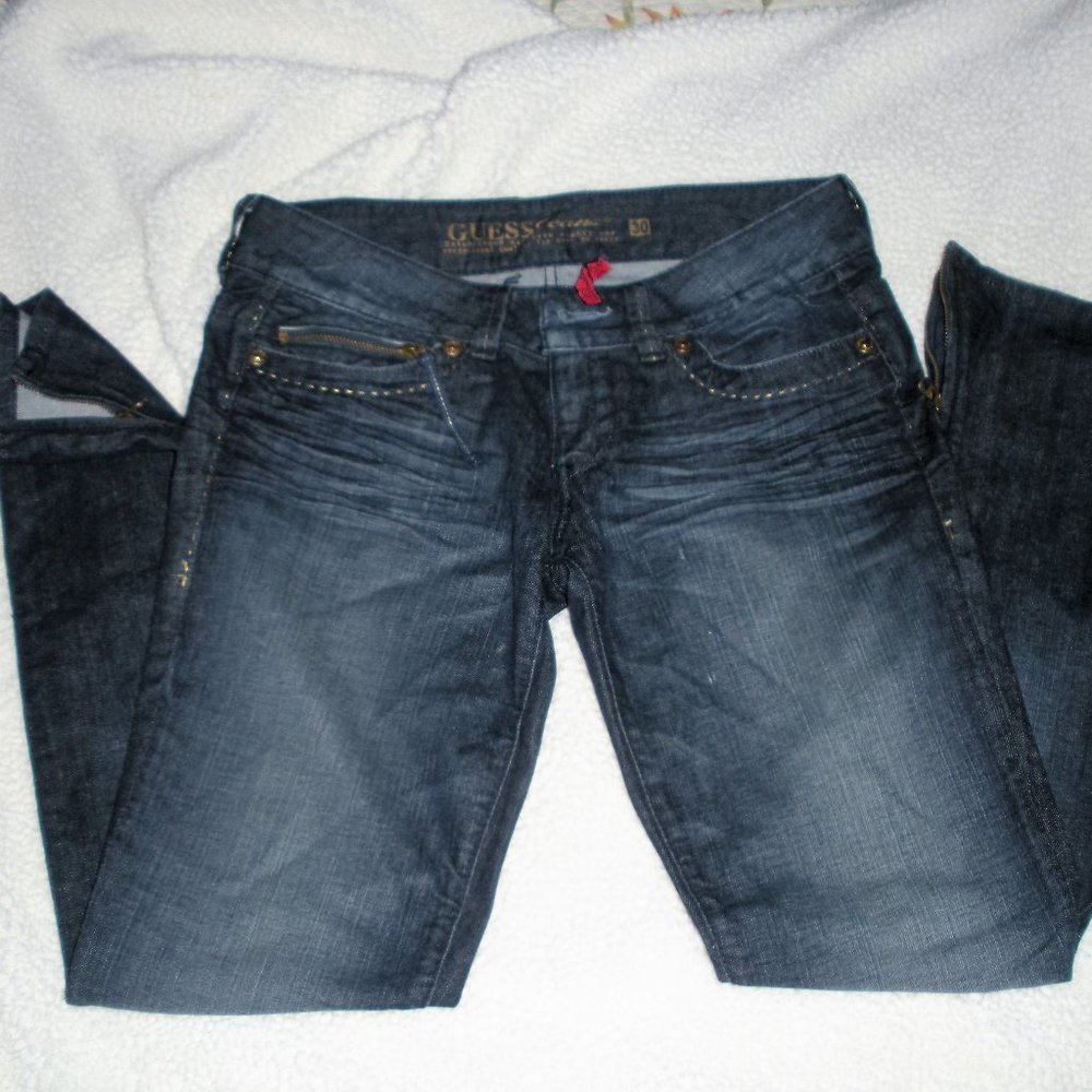 Guess Daredevil skinny leg whisker fade pattern with zipper leg
